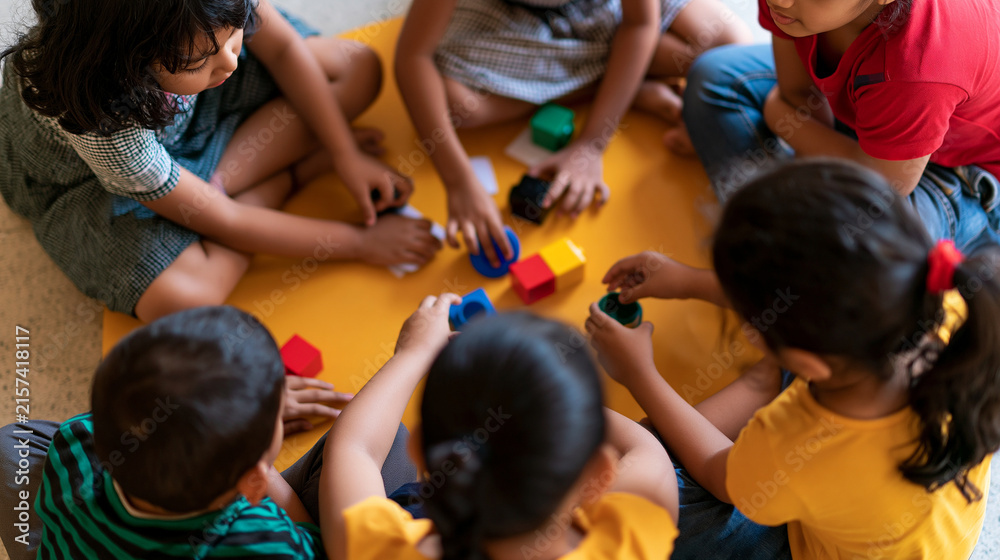 Fototapeta premium overhead view of indian children sitting in a circle experimenting with colorful learning materials in a bright inviting classroom, faces angled away from camera, hands-on