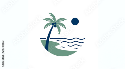Tropical palm tree and ocean wave minimalist logo design.
