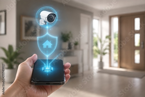 AI Smart Home Security Hologram Above Smartphone