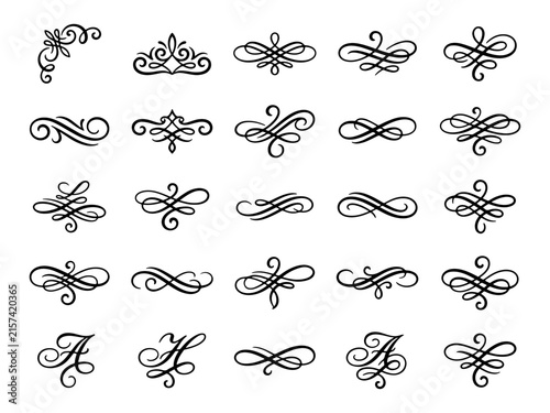 Comprehensive collection of calligraphic flourish dividers and floral corner frames for elegant design.