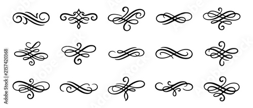 Vintage scroll flourishes black ink decorative calligraphic page dividers set isolated white background.