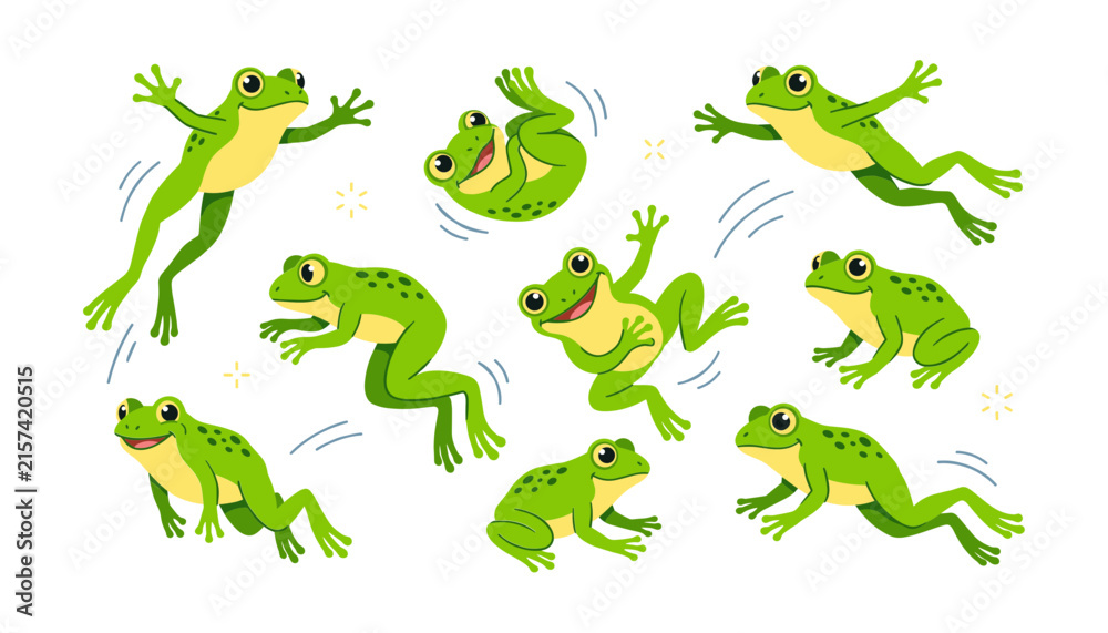 Fototapeta premium Green Tree Frog Character Vector Icon Set Featuring Various Active Poses Including Jumping Leaping Flipping Swimming and Sitting