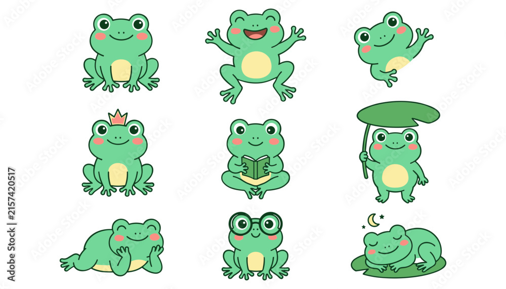 Fototapeta premium Cute Green Frog Character Vector Icon Set Featuring Various Poses Reading Sleeping Wearing Crown Glasses and Holding Lily Pad Leaf