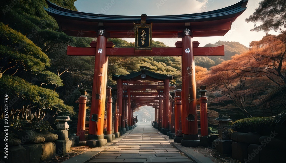 Obraz premium Japanese torii gate pathway forest trees.