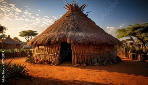 Traditional African village hut landscape scene.