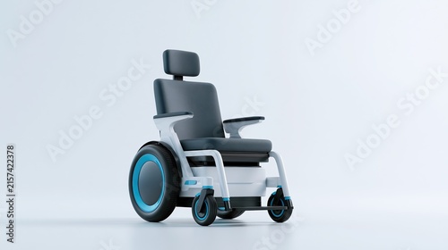 Modern smart electric wheelchair with recline and leg rest function, light‑blue background, disability elderly rehabilitation assistive medical device 3D render asset