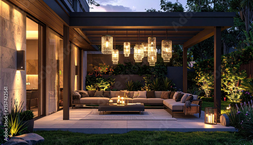 Luxury modern outdoor patio at night with elegant crystal chandeliers and comfortable sofa seating