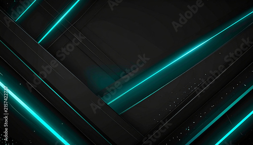 Futuristic Dark Abstract Background with Glowing Cyan Neon Lines and Geometric Layered Shapes for Gaming