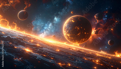 Cinematic Space Landscape with Glowing Fiery Planets and Majestic Nebula in the Deep Universe Background