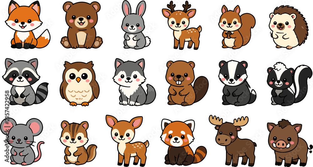 Obraz premium Animals Kawaii Vector Illustrations Set Featuring Cute Cartoon Wildlife and Forest Creatures in a Flat Sticker Style Design