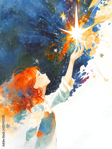 星に手を伸ばす女性の幻想的な水彩イラスト