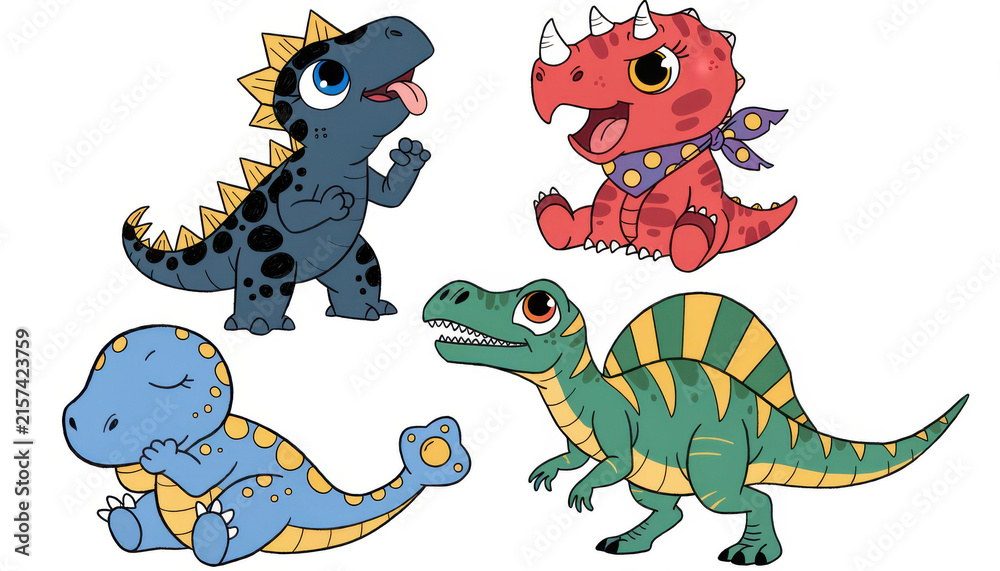 Fototapeta premium Set of Cartoon Baby Dinosaurs Isolated on White