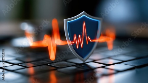 Glowing Heartbeat Waveform Wrapped Around Shield on Keyboard Close-Up
