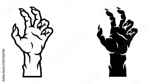 Fotografie Illustration of a monster's clawed hand reaching out, shown in both black and white outline and solid black silhouette