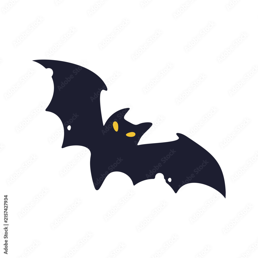 Fototapeta premium Vibrant minimalist flying bat with glowing yellow eyes, a perfect graphic element for seasonal themes.