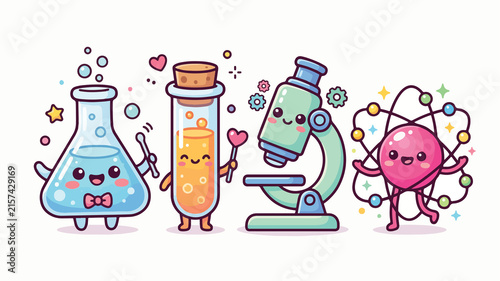 Cute Science Laboratory Equipment Characters Set Featuring Animated Beakers Microscope and Atom for Educational Children Designs