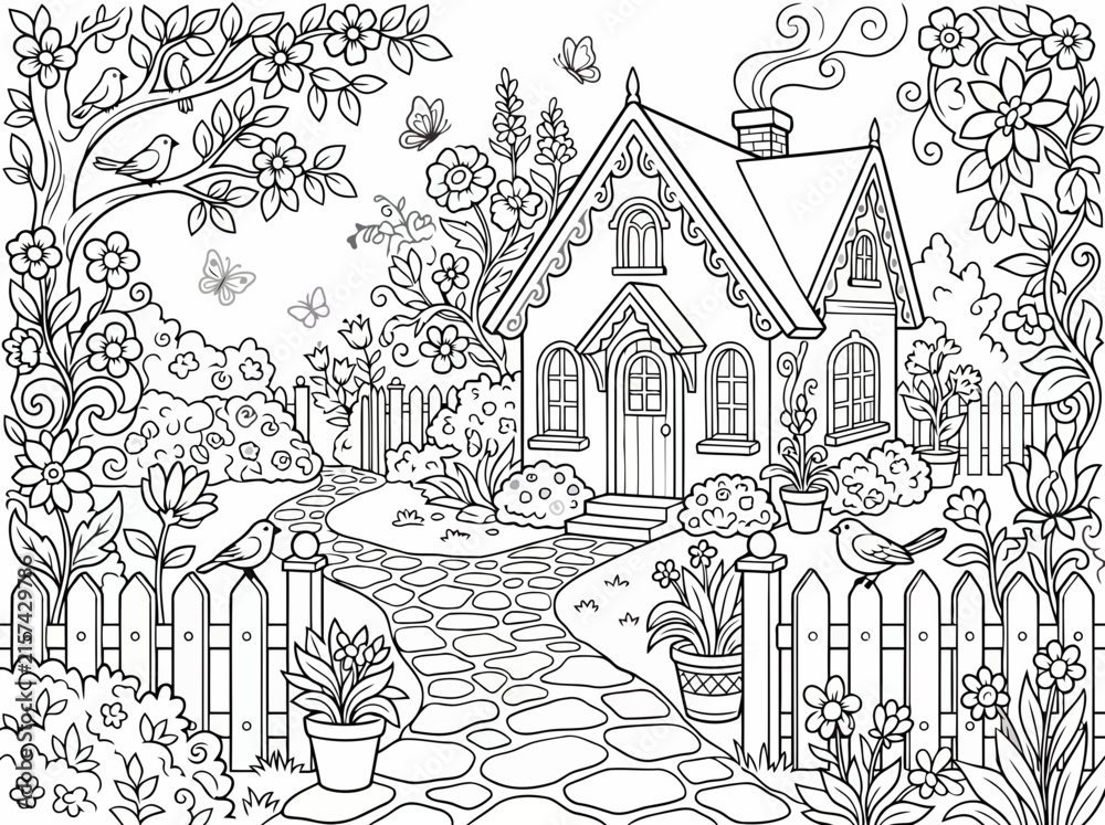 Naklejka premium Charming black and white illustration of a quaint cottage surrounded by a lush garden with flowers and birds