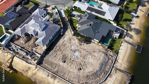 Aerial View of Luxury Waterfront Home Construction on Gold Coast Canal