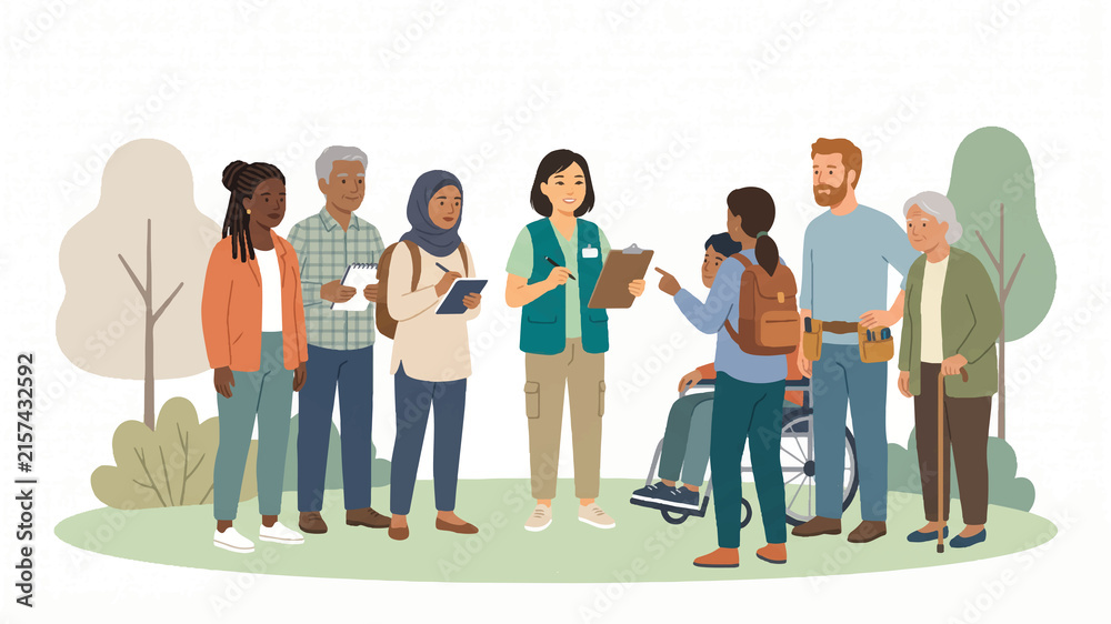 Obraz premium Diverse Group of People Engaging in Community Outreach Activities Outdoors in a Public Park Setting