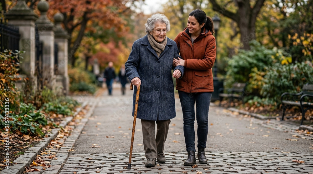 Obraz premium Elderly Woman Walks With Caregiver In Autumn Park, Supportive Relationship