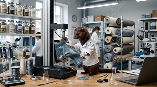 Curious Ferret Technician Analyzing Fabric Samples in Modern Lab
