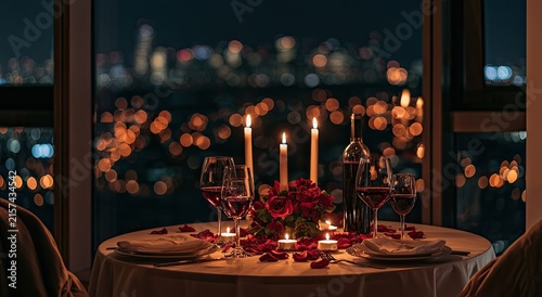Romantic candlelit dinner for two with city lights background