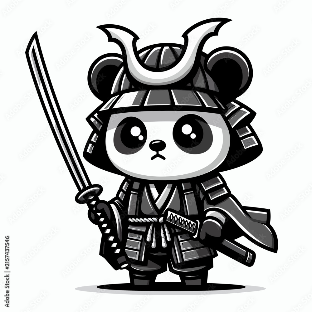 Naklejka premium A cute cartoon panda dressed as a samurai warrior, holding a sword and wearing traditional armor.