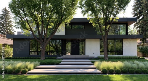 Modern residence with striking geometric facade, flanked by trees and manicured landscaping