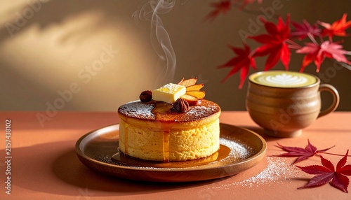 Fototapeta 紅葉と焼きリンゴを添えた極厚スフレパンケーキと秋の和風カフェイメージ