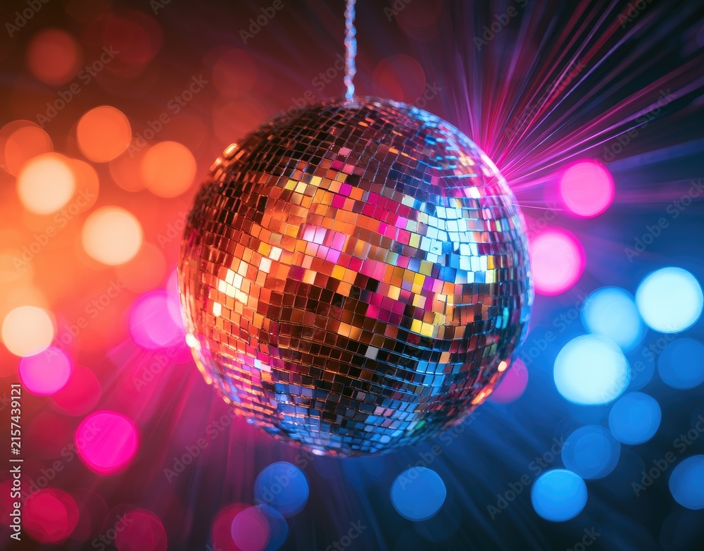 Obraz premium A mirrored sphere hangs, reflecting light beams, creating a festive atmosphere