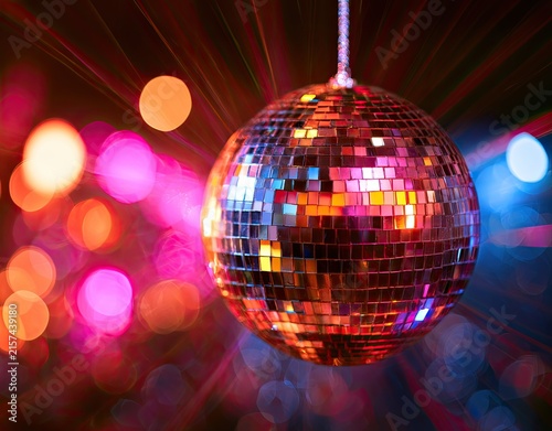 Glittering disco ball hangs illuminated by vibrant, colorful, blurred lights