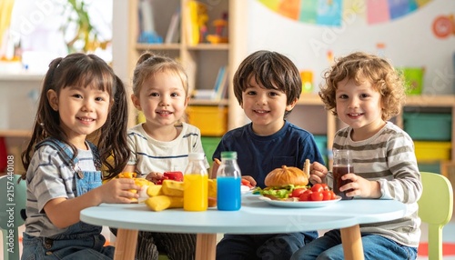 Four diverse and happy preschoolers enjoying a nutritious lunch together at a bright and colorful daycare or classroom setting, sharing smiles and healthy food