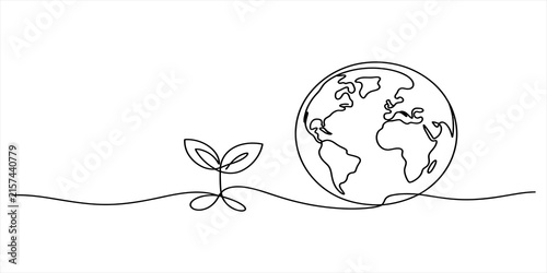 Continuous single line drawing of a small green plant sprout growing next to the planet earth globe icon symbolizing nature conservation and environment
