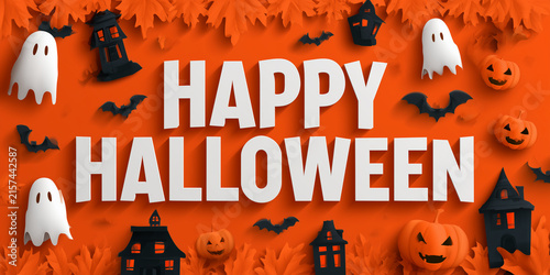 Happy Halloween Festive Greeting with Pumpkins and Autumn Decorations