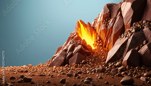 Lava outflow over rocky ground beneath clear sky