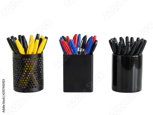 Black pen pots with colorful markers isolated on transparent background