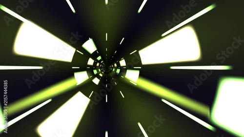 Fast Motion Through a Green Glowing Geometric Cyber Tunnel Corridor