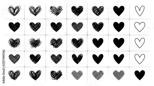 Set of various hand drawn heart icons in black, sketch and doodle love symbols for design elements