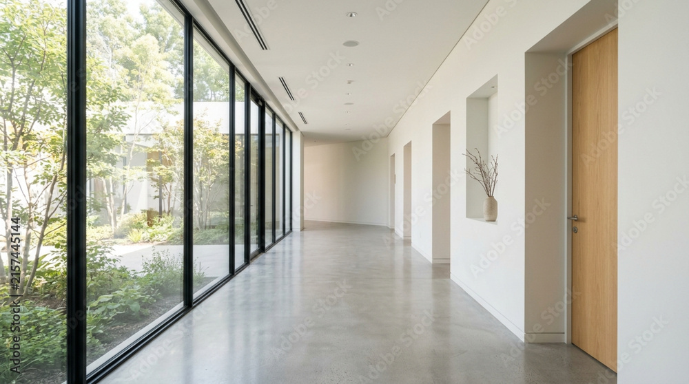 Fototapeta premium Modern Hallway with Large Windows and Greenery