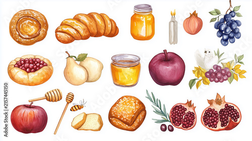 Rosh Hashanah clipart. Jewish new year attributes, illustrations of the elements used to celebrate new year: pomegranate, honey, shofar and kidush
