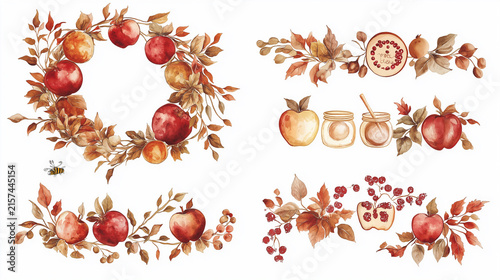 Rosh Hashanah clipart. Jewish new year attributes, illustrations of the elements used to celebrate new year: pomegranate, honey, shofar and kidush