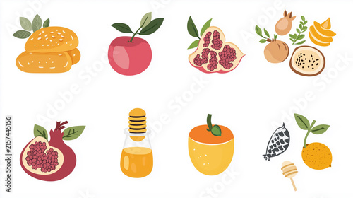 Rosh Hashanah clipart. Jewish new year attributes, illustrations of the elements used to celebrate new year: pomegranate, honey, shofar and kidush