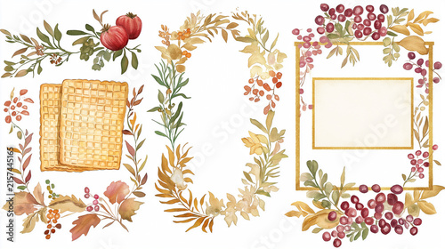 Rosh Hashanah clipart. Jewish new year attributes, illustrations of the elements used to celebrate new year: pomegranate, honey, shofar and kidush