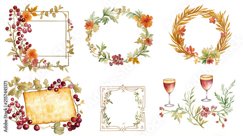 Rosh Hashanah clipart. Jewish new year attributes, illustrations of the elements used to celebrate new year: pomegranate, honey, shofar and kidush
