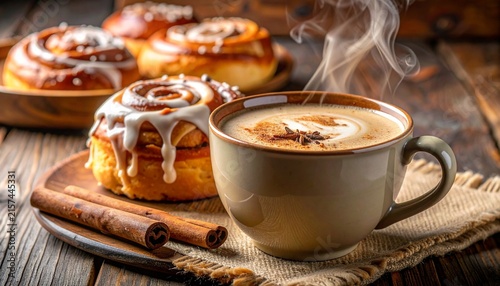 Freshly baked cinnamon rolls with sweet sugar glaze and a steaming cup of hot coffee on a rustic wooden table for a cozy morning breakfast