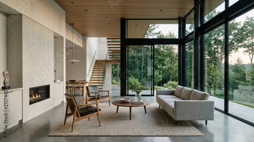 Modern Living Room with Fireplace, Large Windows, and Nature View