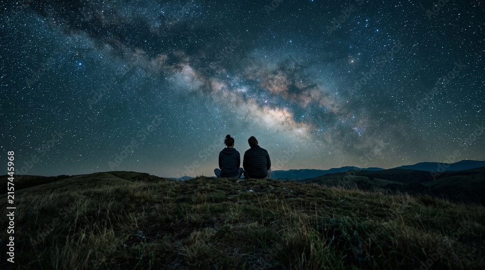 Fototapeta premium Two silhouetted people sitting on a grassy hill watching the milky way over rolling hills