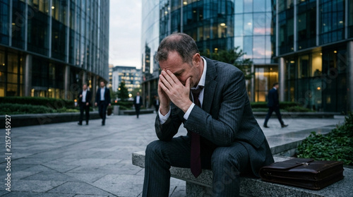 Stressed Businessman Sitting Outside Office Building with Hands on Head