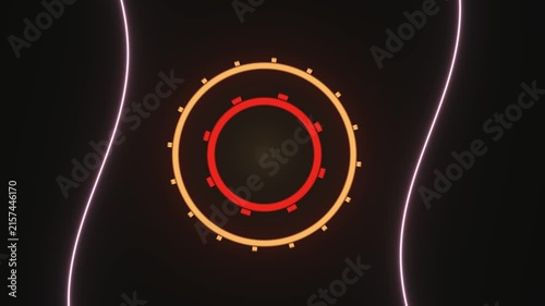 Glowing Neon Circles Rotating Against Dark Background with Light Curves