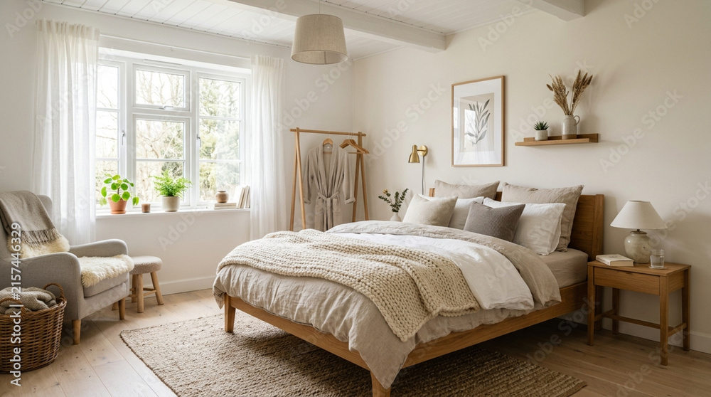 Fototapeta premium Cozy Scandinavian Bedroom with Natural Light and Plush Textiles